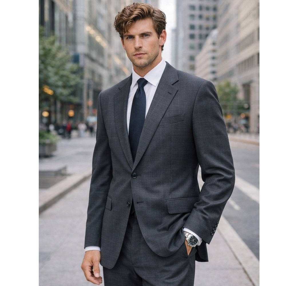 Brioni Wool Windowpane Blazer 44L Made In Italy 2 Button Luxury Modern Tailored